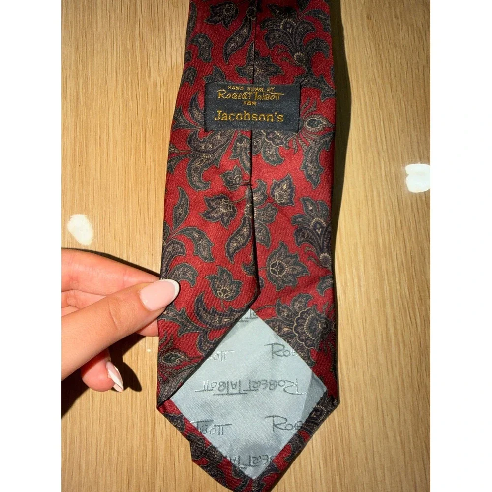 Robert Talbott for Jacobson's Mens Red Gold Paisley Floral Silk Tie Hand Sewn
